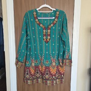Teal and Multicolor Women's Tunic